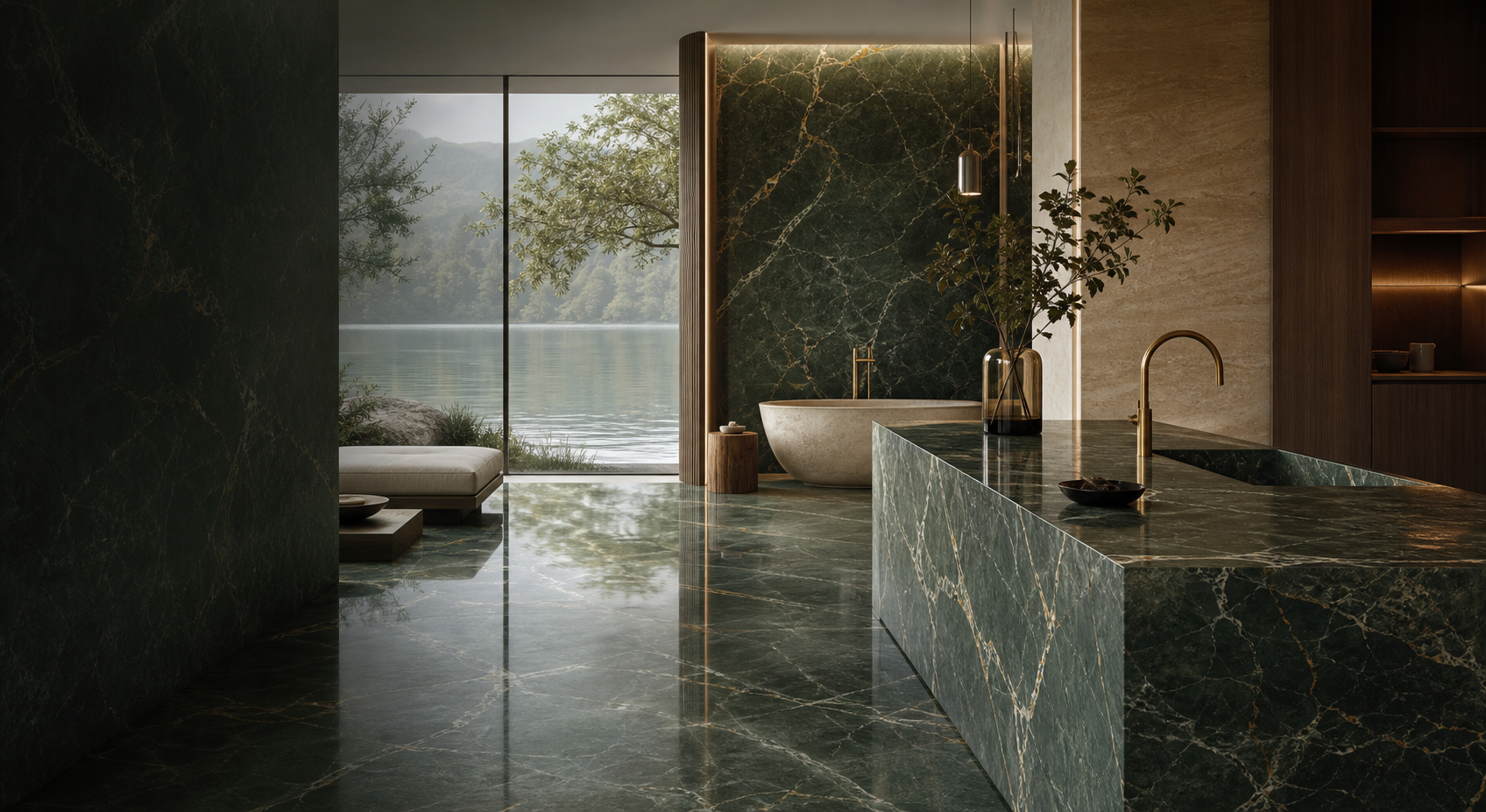 Luxury interior with green marble flooring, wall slabs, and island surfaces by a calm lake